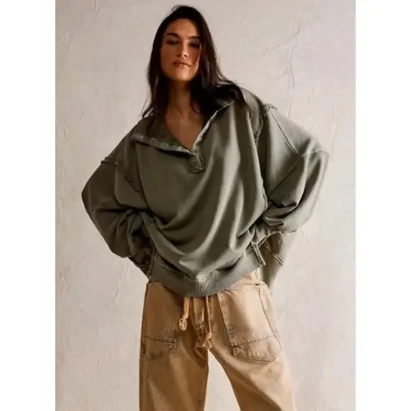 We The Free People Camden Henley Long Sleeve Sweatshirt XS Slouchy Boho Grunge - Picture 3 of 15